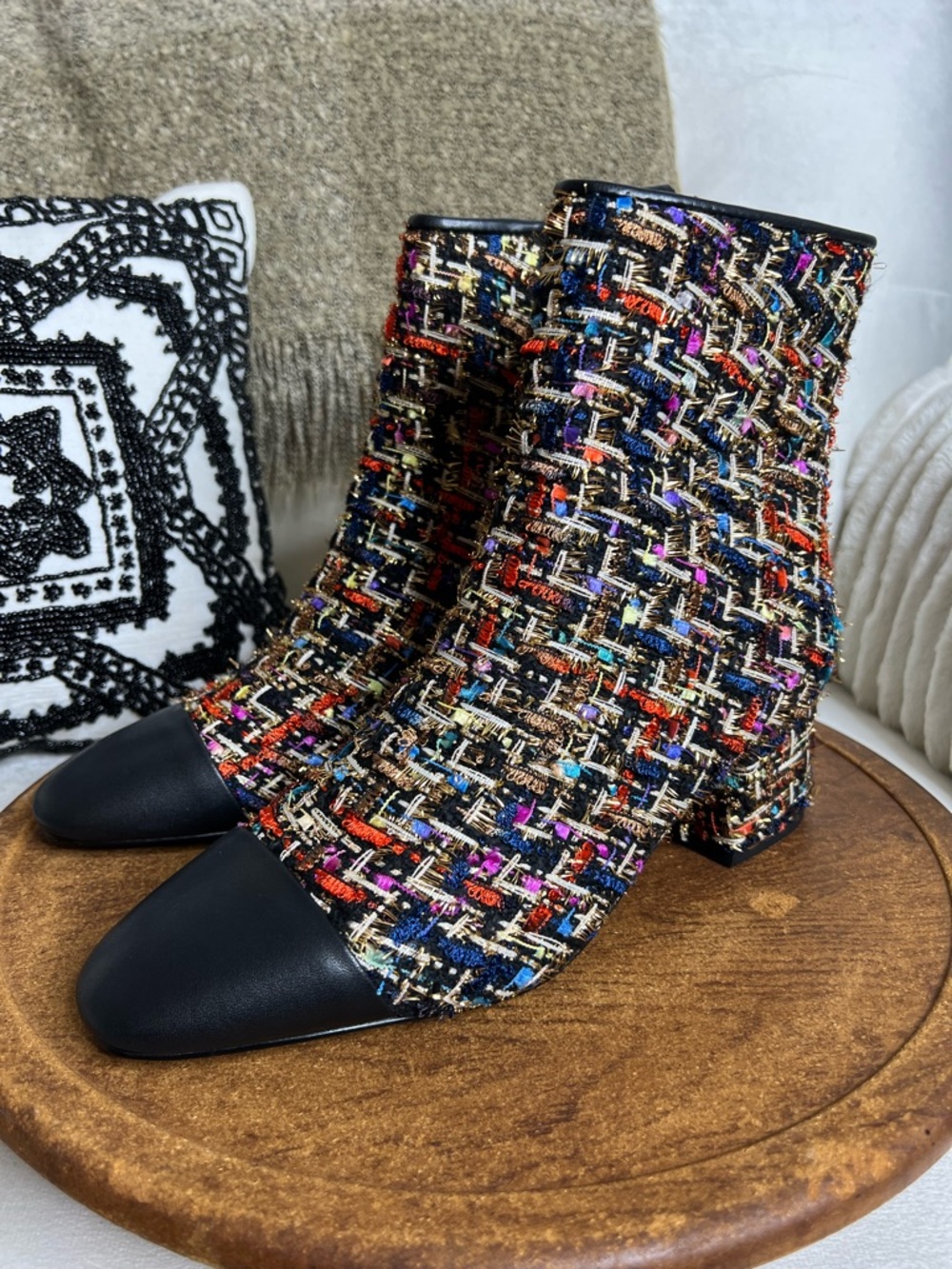 Steve Madden Eiffel Womens 7.5 Tweed Ankle Boots Multicolor Cap Toe Block Heel